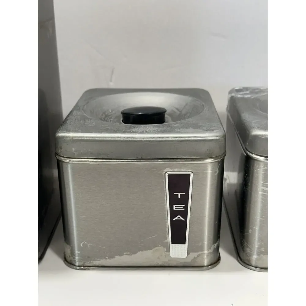 Vintage MCM Lincoln Beautyware Chrome 3 Canister Box Set Tea Sugar‎ Coffee READ